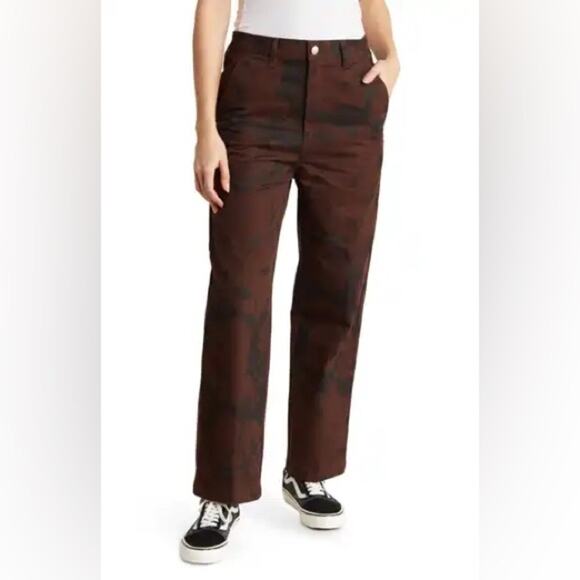 Obey NWT Women's Brighton Carpenter Pants Java Brown Multi Print Size 32 / 14 - Picture 1 of 12